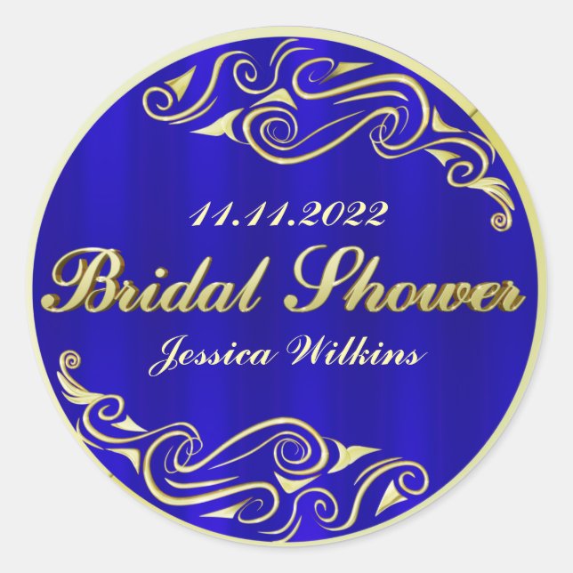 Bridal Shower Elegant Regal Golden Blue Wedding Classic Round Sticker (Front)