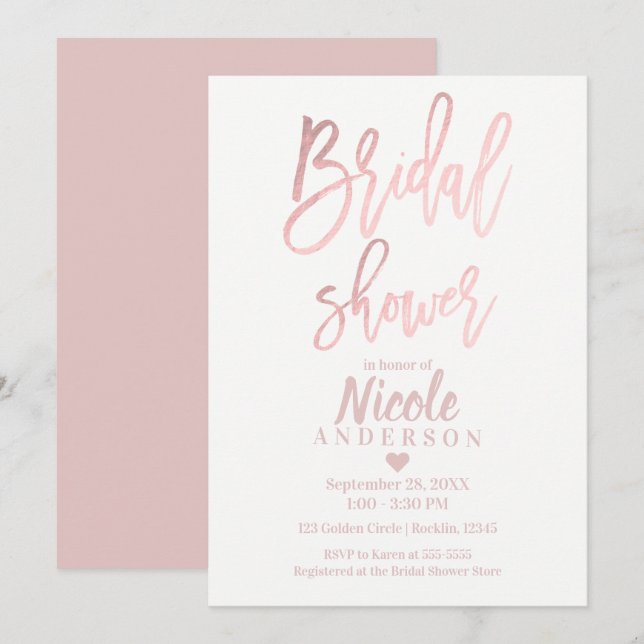 BRIDAL SHOWER Elegant Rose Gold Foil Modern Script Invitation (Front/Back)
