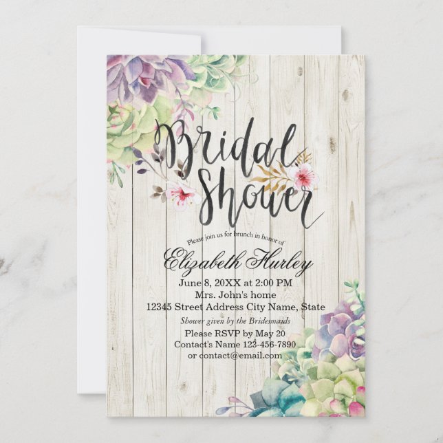 Bridal Shower Elegant Succulent Plants Rustic Wood Invitation (Front)