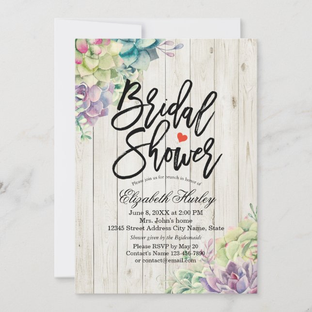 Bridal Shower Elegant Succulent Plants Rustic Wood Invitation (Front)
