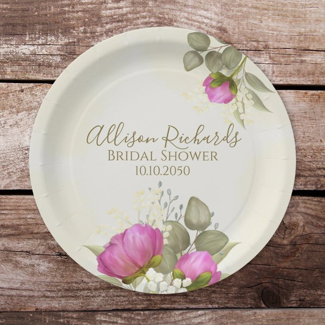 Bridal Shower Elegant Watercolor Floral Peonies Paper Plate (Creator Uploaded)