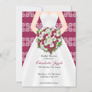 Bridal Shower Elegant Wedding Dress Cerise Flowers Invitation