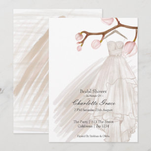 Bridal Shower Elegant Wedding Dress Pink Flowers Invitation
