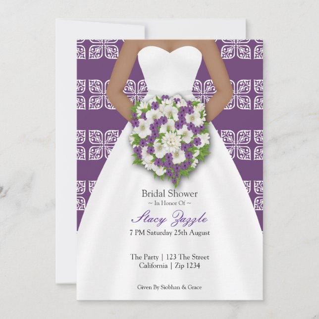 Bridal Shower Elegant Wedding Dress Purple Flowers Invitation (Front)
