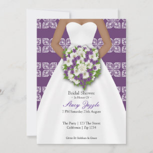 Bridal Shower Elegant Wedding Dress Purple Flowers Invitation