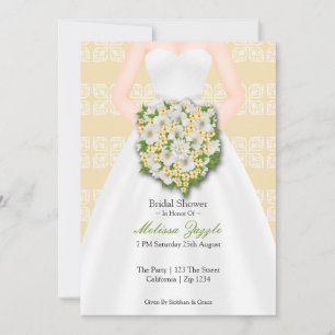 Bridal Shower Elegant Wedding Dress Yellow Flowers Invitation