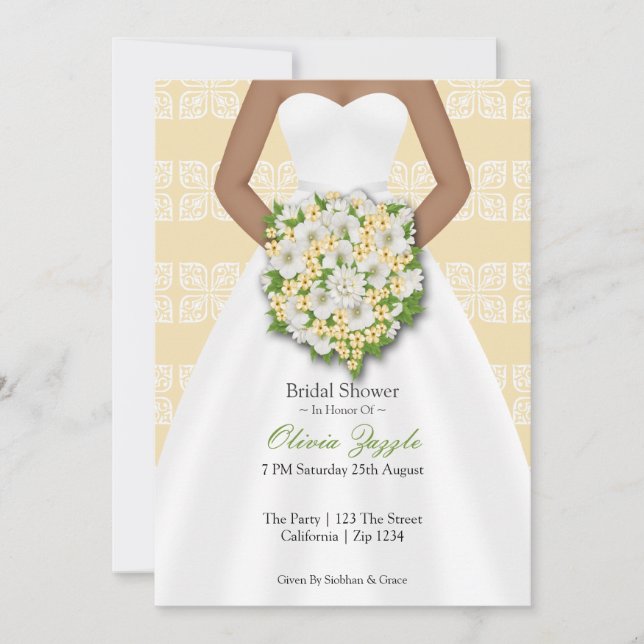 Bridal Shower Elegant Wedding Dress Yellow Flowers Invitation (Front)