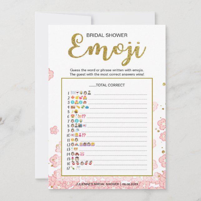 Bridal Shower Emoji Dictionary Game | Gold Pink (Front)