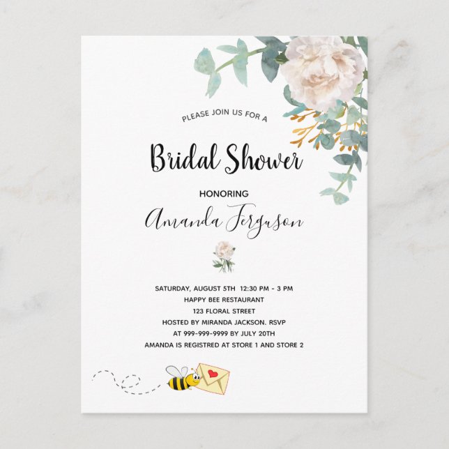 Bridal Shower eucalyptus floral bumble bee Invitation Postcard (Front)