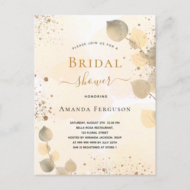 Bridal Shower eucalyptus glitter golden fall Invitation Postcard (Front)