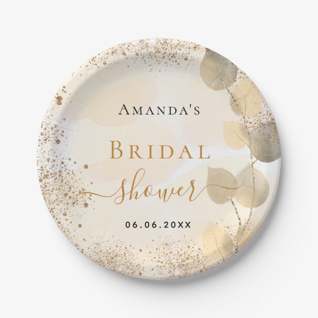 Bridal Shower eucalyptus golden glitter monogram  Paper Plate (Front)