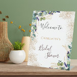 Bridal Shower eucalyptus greenery elegant welcome  Pedestal Sign<br><div class="desc">Welcome to an elegant Bridal Shower.  A chic white background. Decorated with green watercolored eucalyptus leaves,  sprigs,  greenery,  faux gold leaves and golden glitter spots. Personalise and add the name of the bride to be.  Black and golden letters.</div>