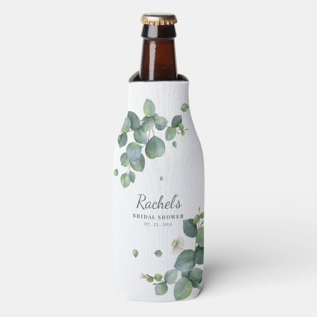 Bridal Shower Eucalyptus Greenery Floral Custom Bottle Cooler (Bottle Front)