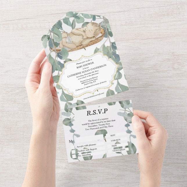 Bridal shower eucalyptus greenery foliage baby all in one invitation (Tearaway)