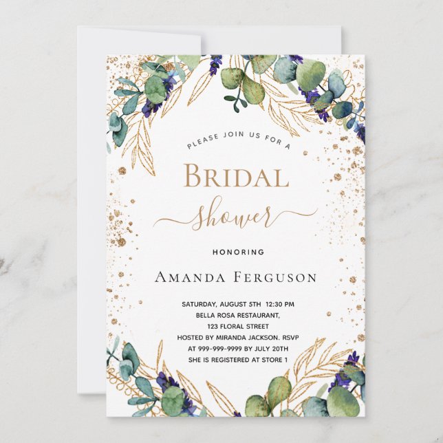 Bridal Shower eucalyptus greenery gold glitter Invitation (Front)