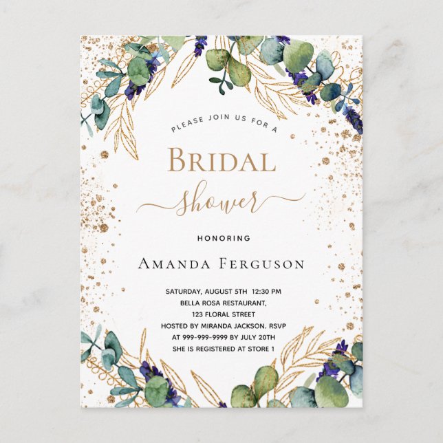 Bridal Shower eucalyptus greenery gold glitter  Invitation Postcard (Front)