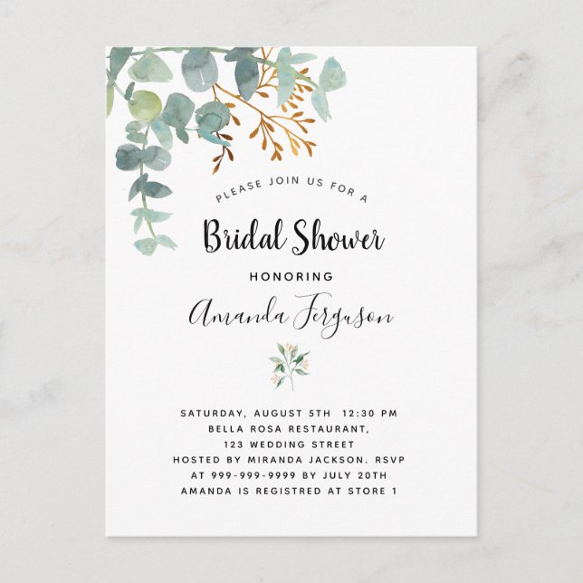 Bridal shower Eucalyptus greenery invitation Postcard (Front)