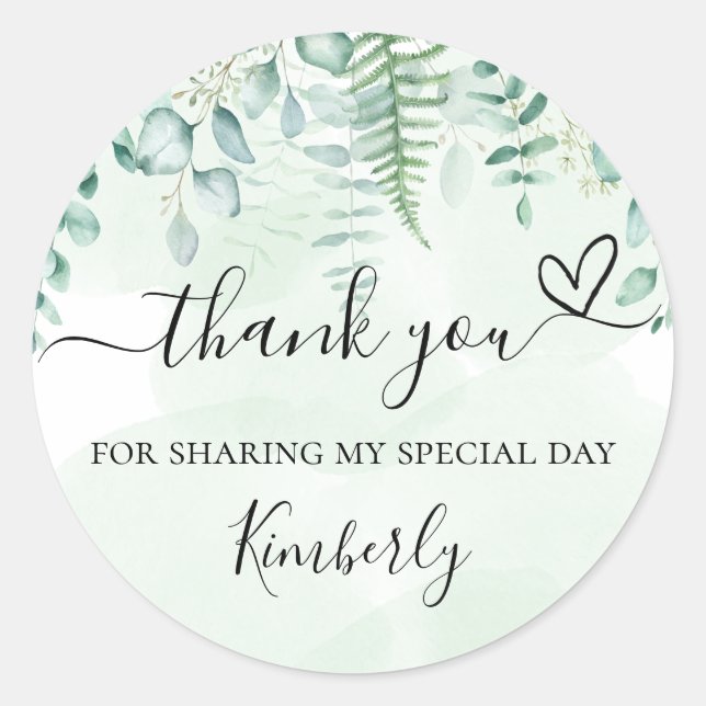 Bridal shower eucalyptus greenery thank you classic round sticker (Front)