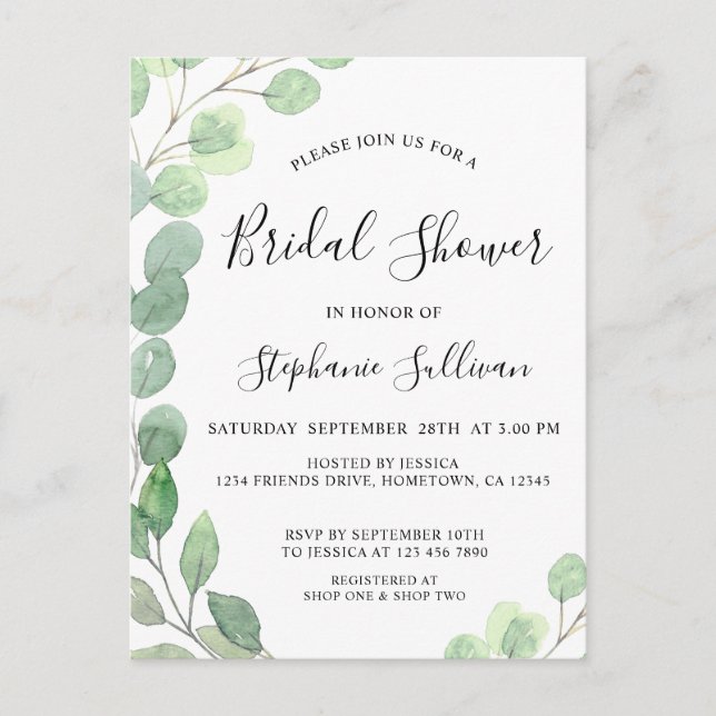 Bridal Shower Eucalyptus Invitation Postcard (Front)