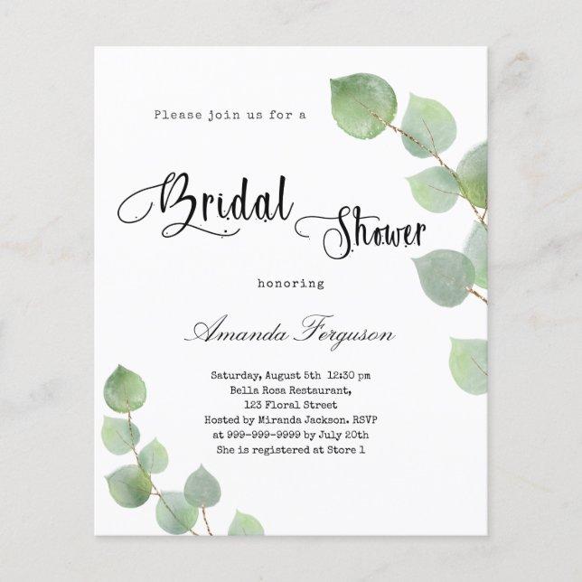 Bridal Shower eucalyptus script budget invitation Flyer (Front)