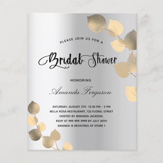 Bridal shower eucalyptus silver budget invitation flyer (Front)