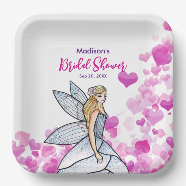 Bridal Shower Fairy Princess Pink Hearts Fashion Paper Plate (Front)