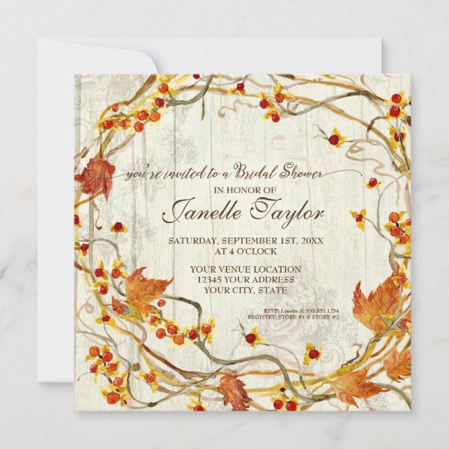 Bridal Shower Fall Autumn Leaves Wreath Wooden Invitation (Front)