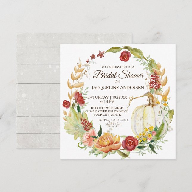 Bridal Shower Fall Floral Burgundy White Pumpkin Invitation (Front/Back)