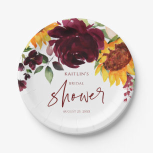 Bridal Shower Fall Sunflowers Burgundy Roses Paper Plate