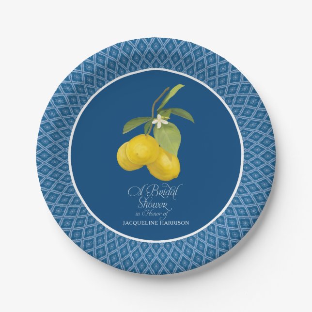 Bridal Shower Farm Royal Blue Lemon Flower Citrus Paper Plate (Front)