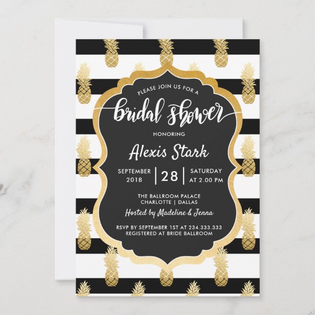 Bridal Shower | Faux Gold Foil Pineapple Stripes Invitation (Front)