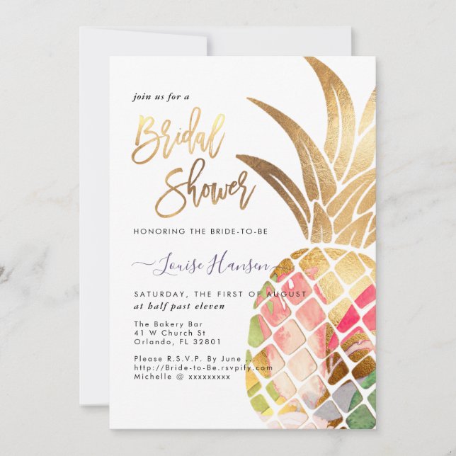 Bridal Shower, Faux Gold Watercolor Pineapple Save The Date (Front)