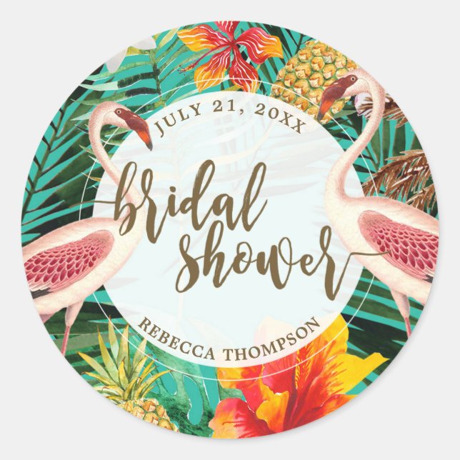 bridal shower favor sticker tropical flamingo (Front)