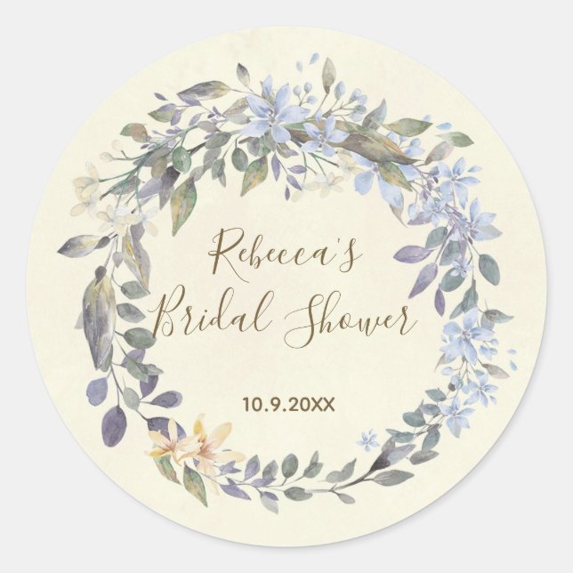 bridal shower favors stickers boho blue floral (Front)