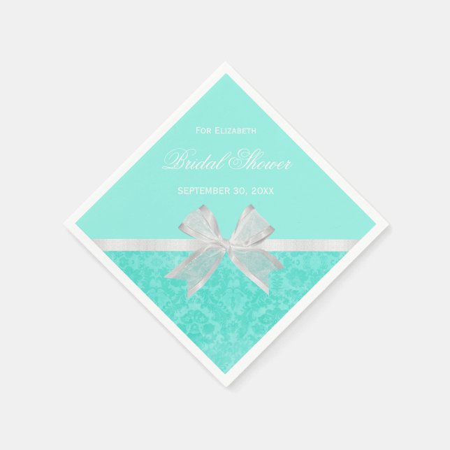 Bridal Shower Favour Chic Aqua Damask White Bow Napkin (Corner)
