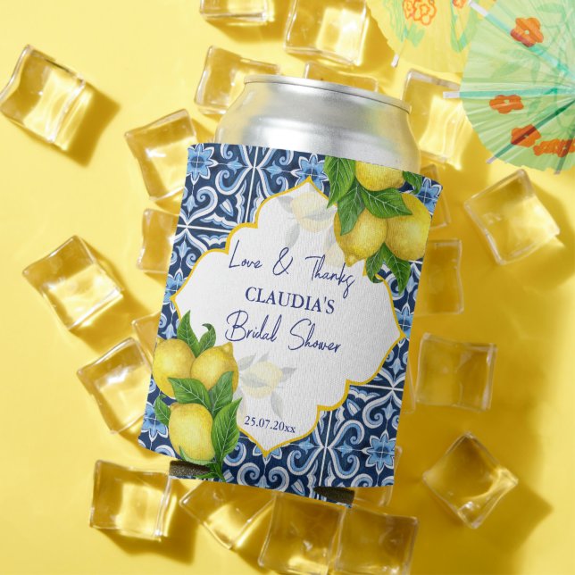 Bridal shower favour gifts blue tiles lemon Amalfi Can Cooler (In Situ Summer)