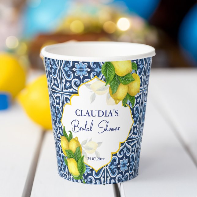 Bridal shower favour gifts blue tiles lemon Amalfi Paper Cups (Bridal shower favor gifts blue tiles lemon Amalfi Paper Cups personalized tableware custom party cup)