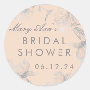 Bridal Shower Favour Simple Floral Silver Blush Classic Round Sticker
