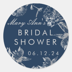 Bridal Shower Favour Simple Floral Silver Navy Blu Classic Round Sticker