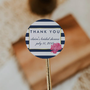 Bridal Shower Favour Stickers   Navy Stripe & Peon