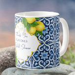 Bridal shower favours blue tiles lemon Amalfi Coffee Mug<br><div class="desc">Blue tiles and lemon Amalfi Positano Mediterranean style bridal shower thank you favours personalised custom coffee mugs,  Morocco style carved border. Makes a lovely keepsake gift for your special guests.</div>