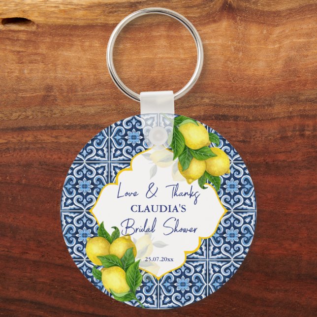 Bridal shower favours blue tiles lemon Amalfi Key Ring (Front)
