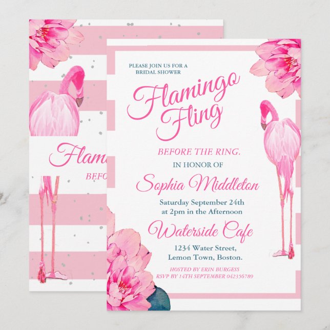 Bridal Shower Flamingo Fling Stripe Floral Chic Invitation (Front/Back)
