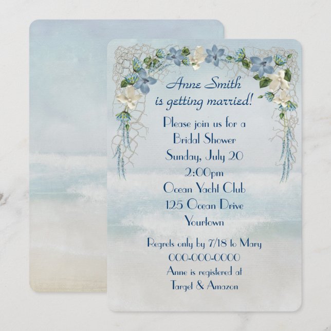 Bridal Shower Floral Arch On Ocean Watercolor Invitation (Front/Back)