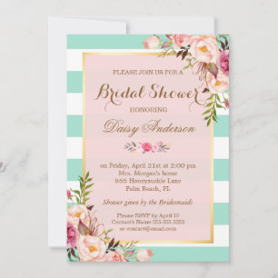 Bridal Shower Floral Baby Pink Mint Green Stripes Invitation