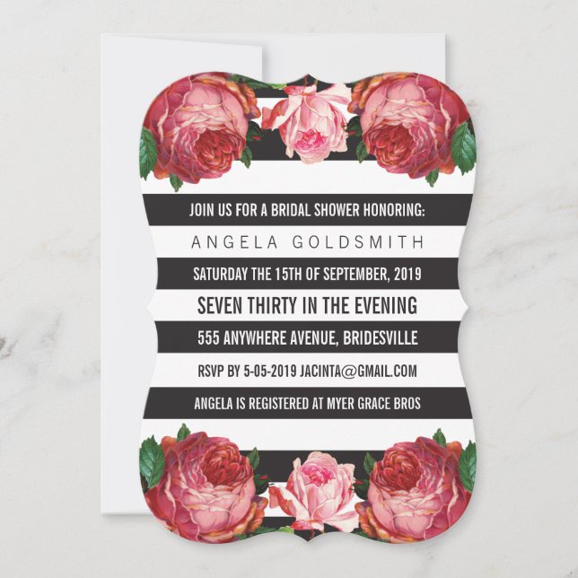 Bridal Shower Floral Black & White Stripes Invitation (Front)