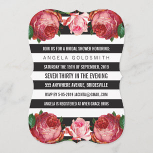 Bridal Shower Floral Black & White Stripes Invitation