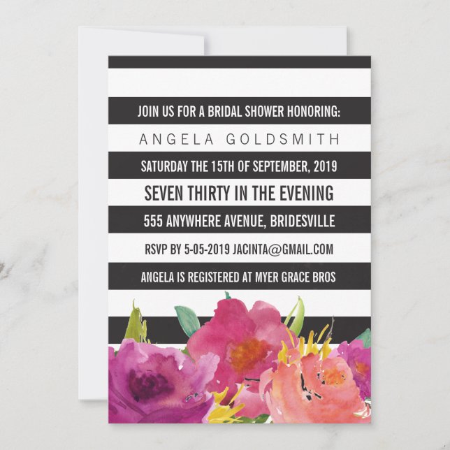 Bridal Shower Floral Black & White Stripes Invitation (Front)
