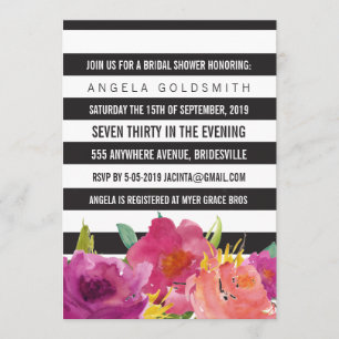 Bridal Shower Floral Black & White Stripes Invitation