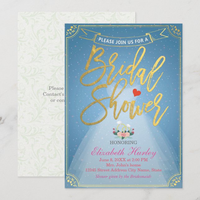 Bridal Shower Floral Bride Dress Diamond Ring Blue Invitation (Front/Back)